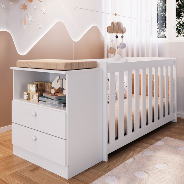 Berço com Cômoda Aconchego 2 Gavetas Branco – Completa Móveis