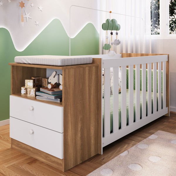 Berço com Cômoda Aconchego 2 Gavetas Nogal Manchester/Branco – Completa Móveis