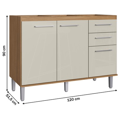 Balcão de Cozinha para Pia 3 Portas 2 Gavetas Naturalle/Cristalo Co8320 - Decibal Móveis