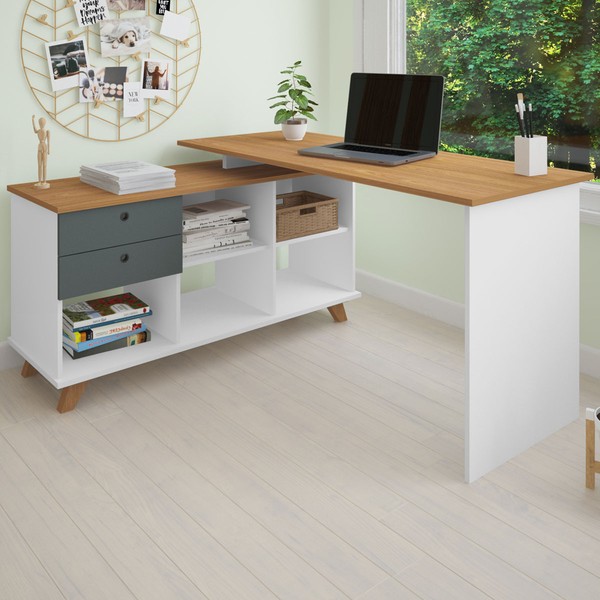 Mesa Escrivaninha Gold 2 Gavetas Freijo/Grafito/Branco - Artany