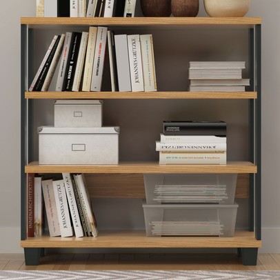 Estante para Livros Industrial 2 Prateleiras 100% Mdf Freijó/Preto Fosco F23 - Pradel