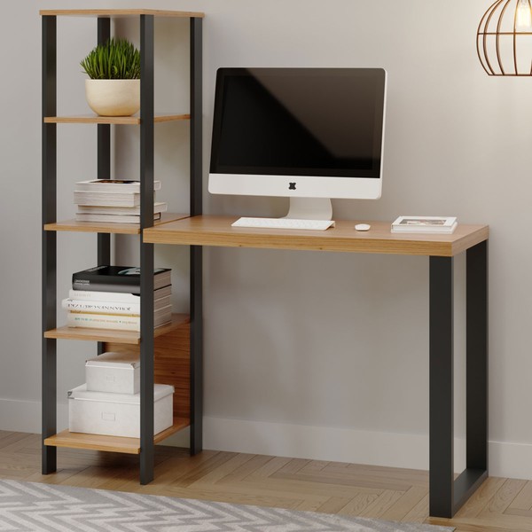 Mesa Escrivaninha Industrial 4 Prateleiras 100% Mdf Freijó/Preto Fosco F29 - Pradel