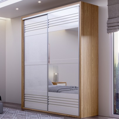 Guarda-Roupa Solteiro 2 Portas 2 Gavetas com Espelho 100% Mdf Freijo/Off White Tw601e – Dalla Costa