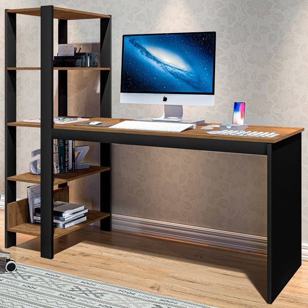 Mesa Escrivaninha Artemis 4 Prateleiras Preto/Canela Rústico - Art Panta