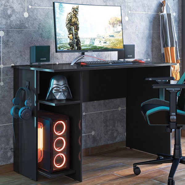 Mesa Gamer 2 Prateleiras Preto Fosco 3875 - Qmovi