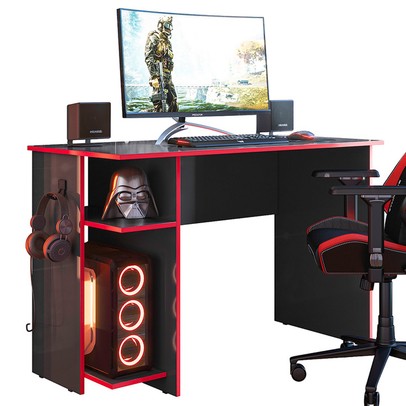 Mesa Gamer 2 Prateleiras Preto Fosco/Vermelho 3875 - Qmovi