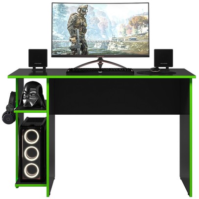 Mesa Gamer 2 Prateleiras Preto Fosco/Verde 3875 - Qmovi