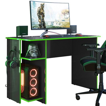 Mesa Gamer 2 Prateleiras Preto Fosco/Verde 3875 - Qmovi