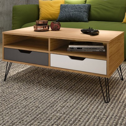 Mesa de Centro Estocolmo 2 Gavetas Carvalho/Grafite/Branco - Artely