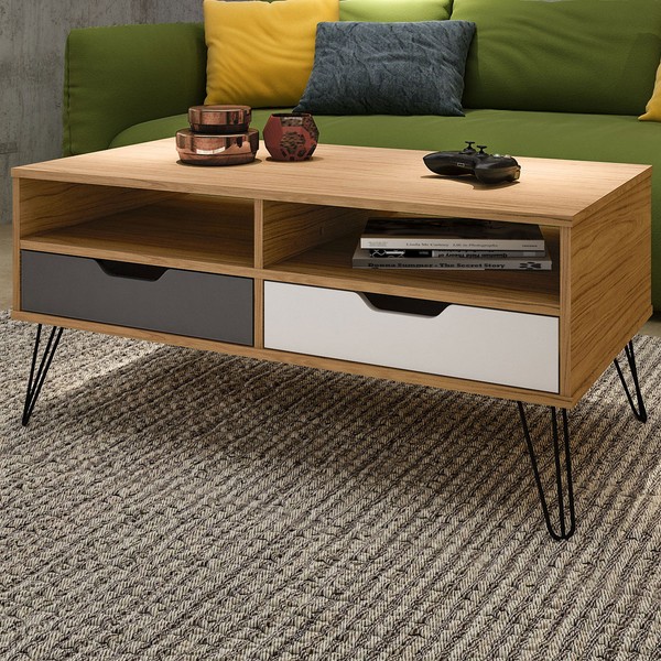 Mesa de Centro Estocolmo 2 Gavetas Carvalho/Grafite/Branco - Artely