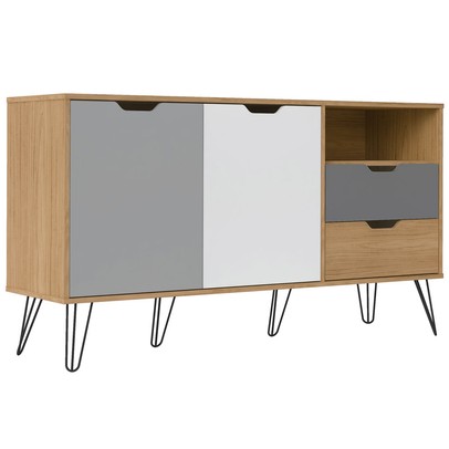 Balcão Buffet Estocolmo 2 Portas 2 Gavetas Carvalho/Grafite/Branco/Prata - Artely