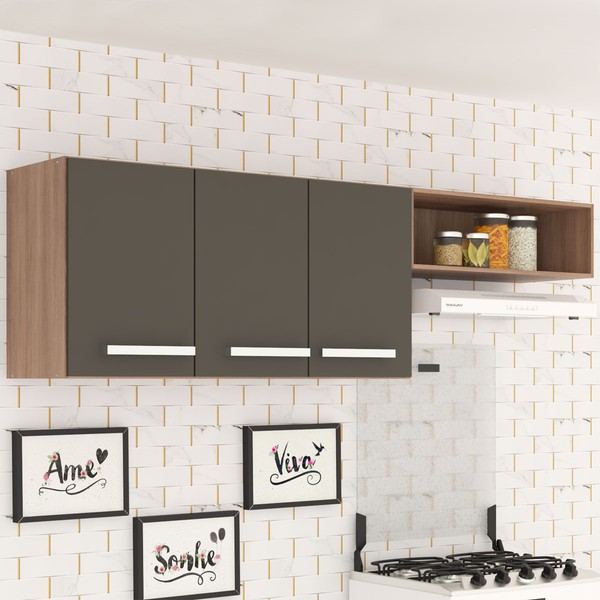 Armário Aéreo Cozinha Vanessa 3 Portas 1 Nicho Castanho/Preto - Panorama Móveis