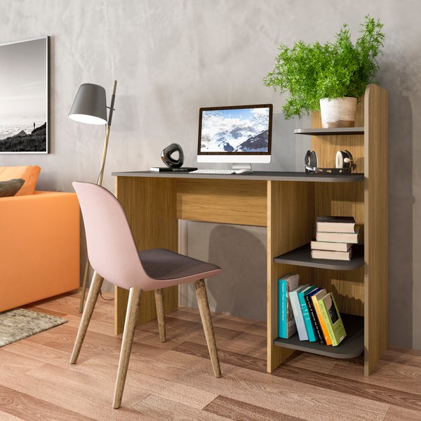 Mesa Escrivaninha Link 3 Prateleiras Carvalho/Grafite - Artely