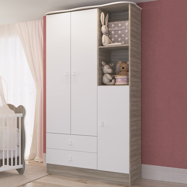 Guarda-Roupa Infantil 3 Portas 2 Gavetas Fresno/Branco - Percasa