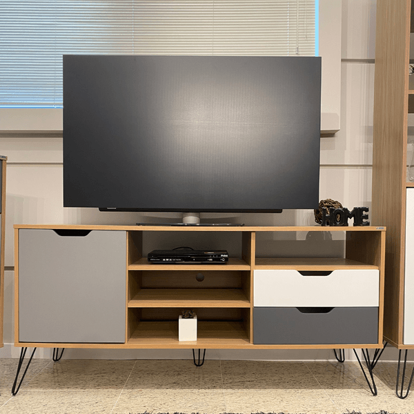 Rack para TV Até 60 Polegadas Estocolmo 1 Porta 2 Gavetas Carvalho/Grafite/Branco/Prata - Artely