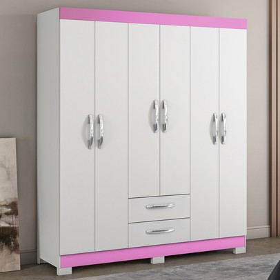 Guarda-Roupa Casal 6 Portas 2 Gavetas Branco New/Rosa Nt5130 - Notável