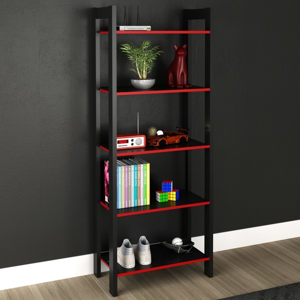 Estante para Livros 5 Prateleiras Preto/Vermelho Me4166 - Tecno Mobili
