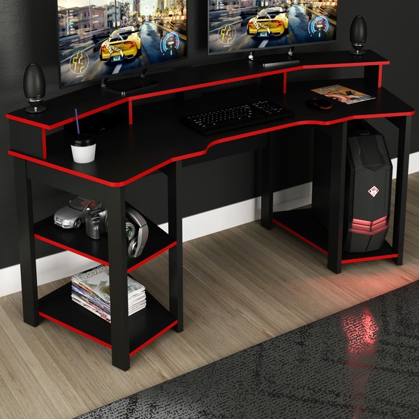 Mesa Gamer para 2 Monitores 3 Prateleiras Preto/Vermelho Me4167 - Tecno Mobili