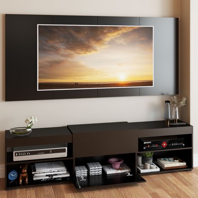 Rack com Painel para TV Até 60 Polegadas Roma 1 Porta 2 Prateleiras Preto - Panorama Móveis