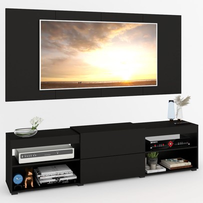 Rack com Painel para TV Até 60 Polegadas Roma 1 Porta 2 Prateleiras Preto - Panorama Móveis