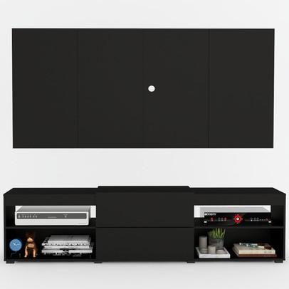 Rack com Painel para TV Até 60 Polegadas Roma 1 Porta 2 Prateleiras Preto - Panorama Móveis