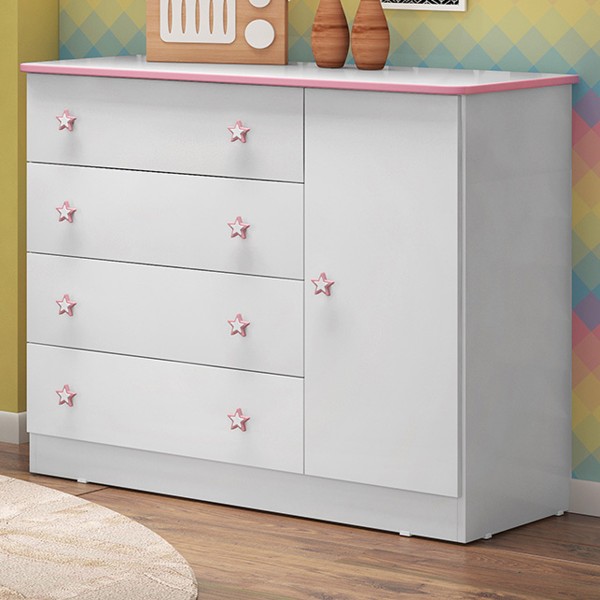 Cômoda Infantil Doce Sonho 1 Porta 4 Gaveta Branco/Rosa - Qmovi
