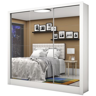 Guarda-Roupa Casal Santiago 3 Portas de Correr 3 Gavetas com Espelho Branco - Carioca Móveis