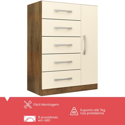 Cômoda 5 Gavetas 1 Porta Corais Nature/Off White - Pnr Móveis