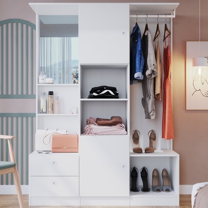 Guarda-Roupa Solteiro 2 Portas 2 Gavetas com Espelho Branco Gr1400 - Art In Móveis