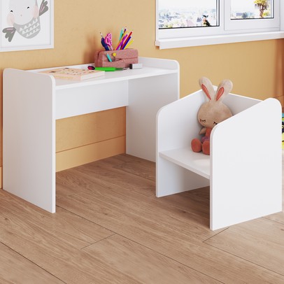 Mesa Escrivaninha com Poltrona Meu Fofinho Branco Cj7001 - Art In Móveis