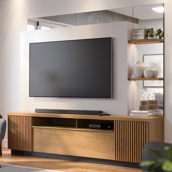 Estante para TV Até 70 Polegadas Niterói 3 Portas 2 Prateleiras com Led Freijó/Off White/Preto Fosco - Colibri