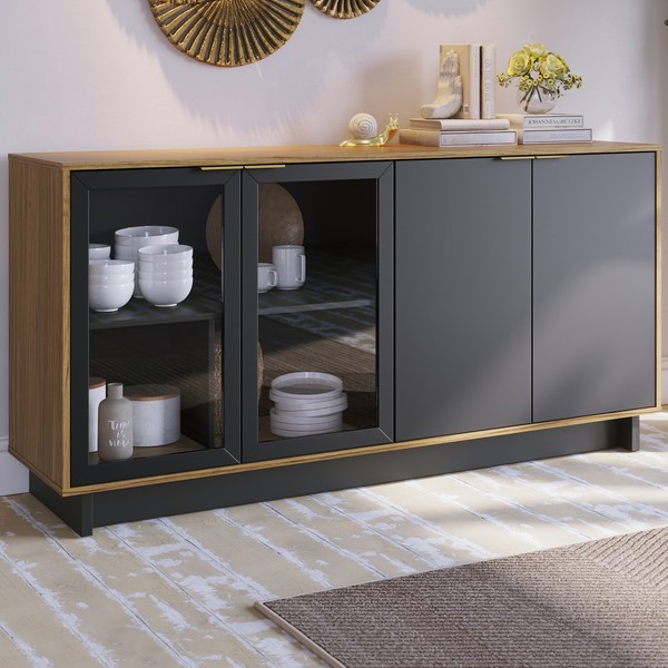 Balcão Buffet Vitoria 4 Portas Noce Milano/Preto Fosco - Colibri