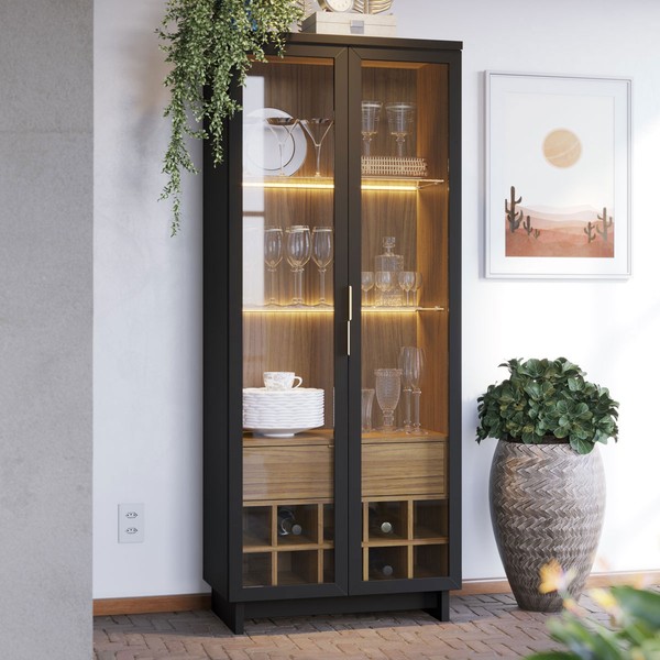 Cristaleira Guanabara 2 Portas 1 Gaveta Preto Fosco/Noce Milano - Colibri