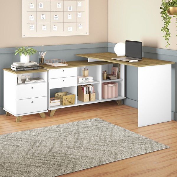 Escritório Completo Gold 4 Gavetas Olmo/Branco - Artany Móveis