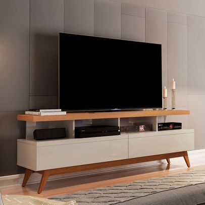 Rack para TV Até 60 Polegadas Vivare Wood 2 Gavetas Off White/Nature - Giga Móveis
