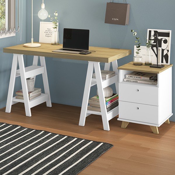 Escritório Completo 2 Gavetas Olmo/Branco - Artany Móveis