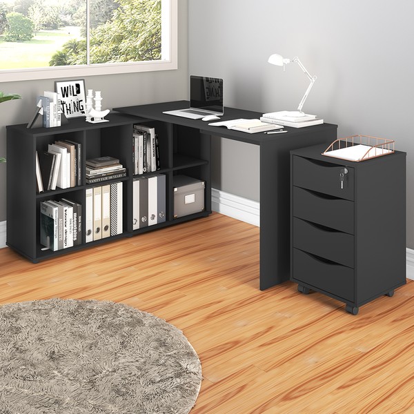 Escritório Completo com Rodízio 4 Gavetas com Chave  Preto - Artany Móveis