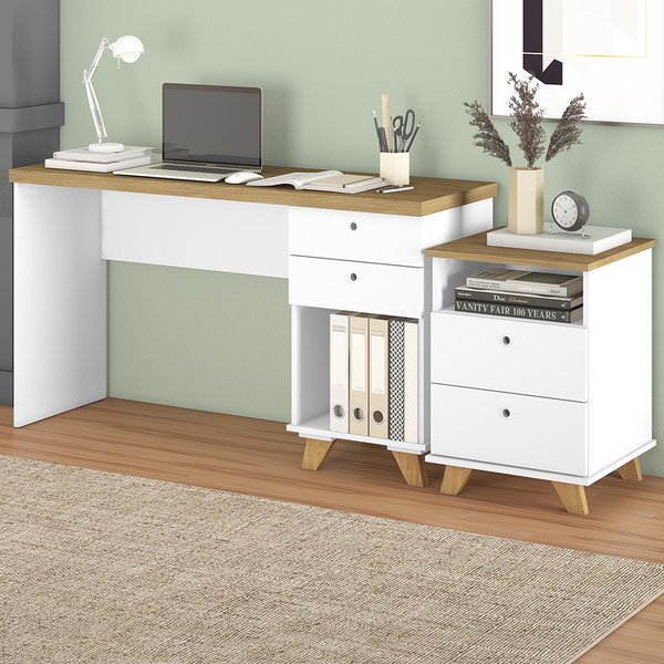 Escritório Completo Sky 4 Gavetas Olmo/Branco - Artany Móveis
