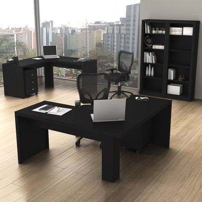 Conjunto Home Office 6 Peças com 2 Mesa em L,  2 Gaveteiros e 2 Estantes Preto -  Pnr Móveis
