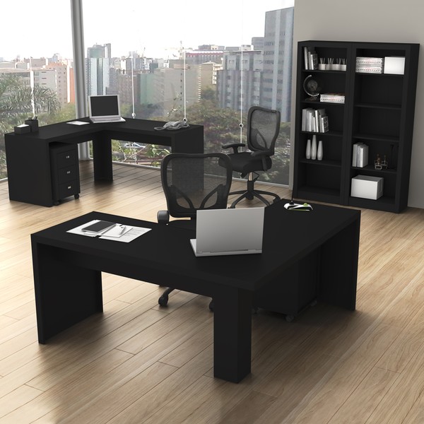 Conjunto Home Office 6 Peças com 2 Mesa em L,  2 Gaveteiros e 2 Estantes Preto -  Pnr Móveis