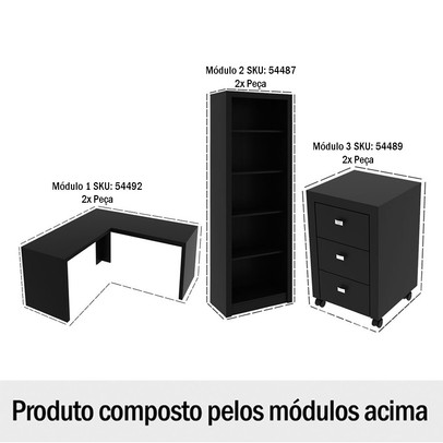 Conjunto Home Office 6 Peças com 2 Mesa em L,  2 Gaveteiros e 2 Estantes Preto -  Pnr Móveis