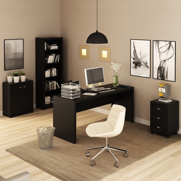Conjunto Home Office 4 Peças com 1 Mesa, 1 Estante, 1 Gaveteiro e 1 Armário para Escritório Preto - Pnr Móveis