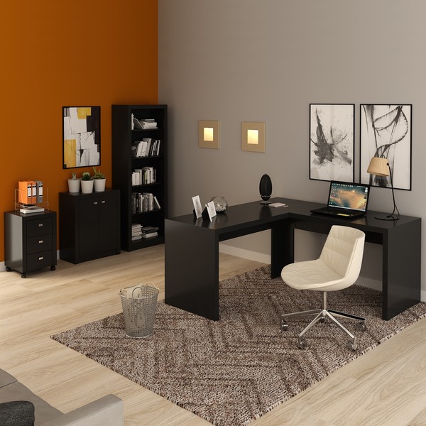 Conjunto Home Office 4 Peças com 1 Mesa em L, 1 Estante, 1 Gaveteiro e 1 Armário para Escritório Preto - Pnr Móveis