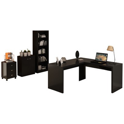 Conjunto Home Office 4 Peças com 1 Mesa em L, 1 Estante, 1 Gaveteiro e 1 Armário para Escritório Preto - Pnr Móveis