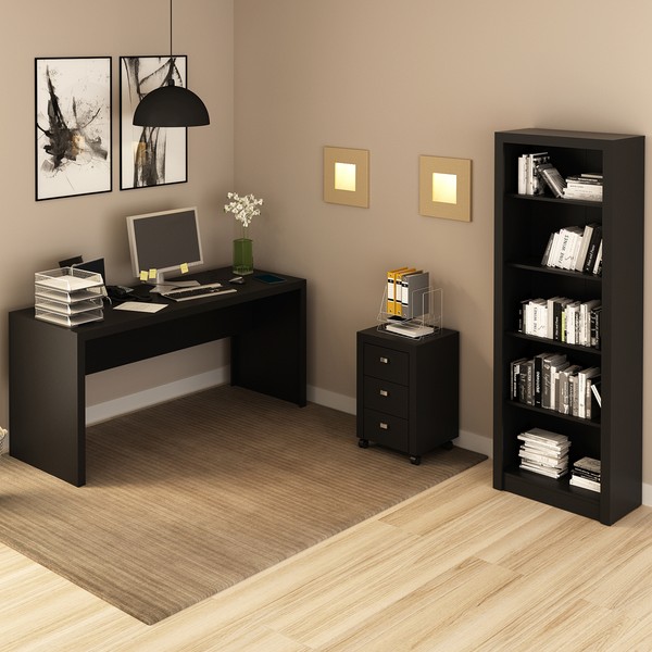 Conjunto Home Office 3 Peças com 1 Mesa, 1 Gaveteiro e 1 Estante para Livros Preto -  Pnr Móveis
