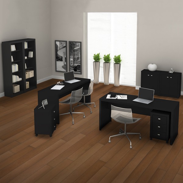 Conjunto Home Office 8 Peças com 2 Mesa, 2 Estante, 2 Gaveteiro e 2 Armário para Escritório Preto - Pnr Móveis