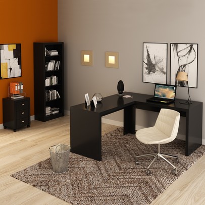 Conjunto Home Office 3 Peças com 1 Mesa em L, 1 Gaveteiro e 1 Estante para Livros Preto -  Pnr Móveis