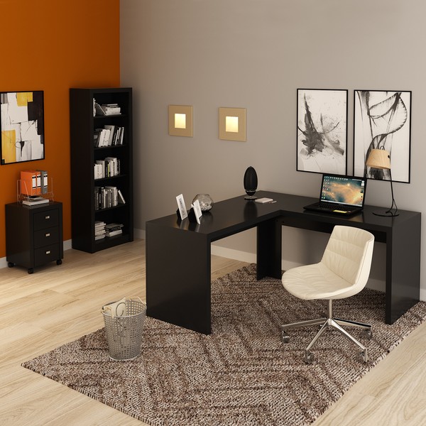 Conjunto Home Office 3 Peças com 1 Mesa em L, 1 Gaveteiro e 1 Estante para Livros Preto -  Pnr Móveis