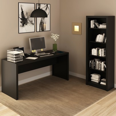 Conjunto Home Office 2 Peças com 1 Mesa e 1 Estante Preto -  Pnr Móveis