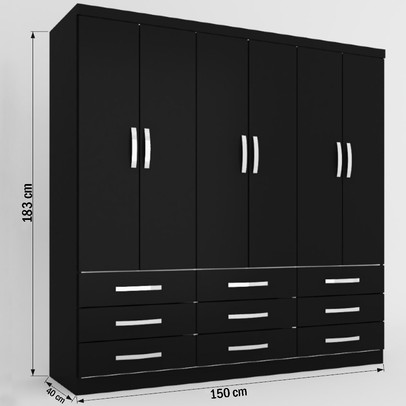 Guarda-Roupa Casal Dunas 6 Portas 9 Gavetas Preto - Pnr Móveis